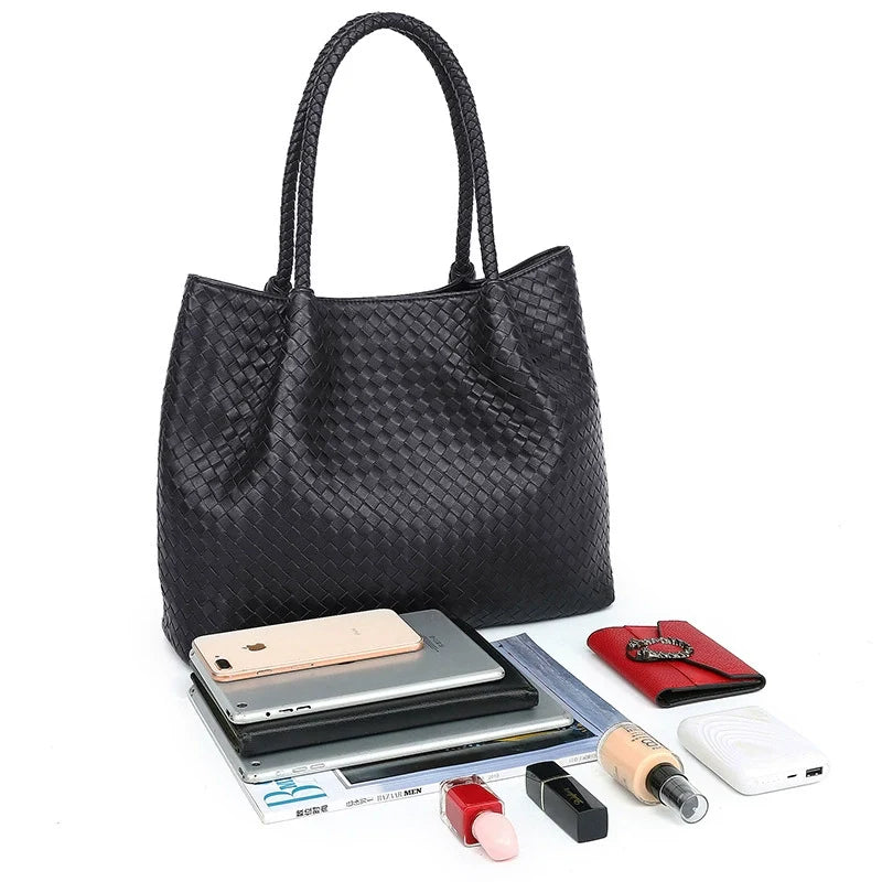 Black Intrecciato Woven Leather Large Tote with Braided Handles
