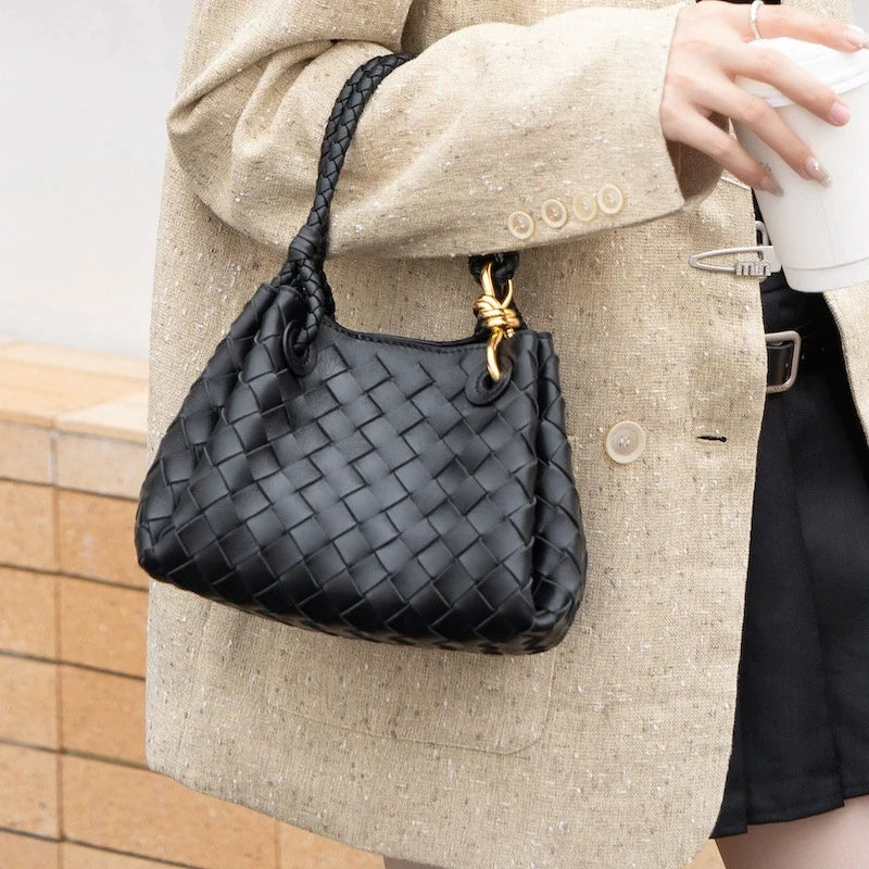 Black Woven Leather Mini Tote with Braided Rope Handles and Gold Hook