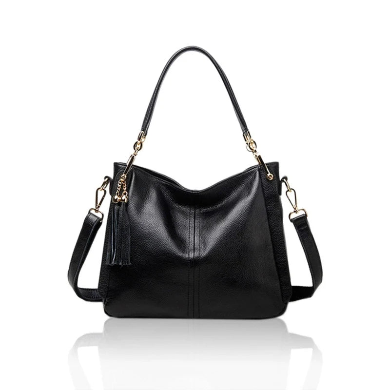 Black Antiqued Leather Slouch Shoulder Bag with Gold Chain Tassel