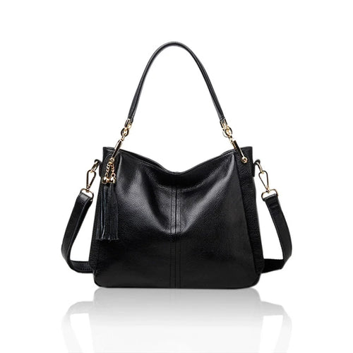Black Antiqued Leather Slouch Shoulder Bag with Gold Chain Tassel