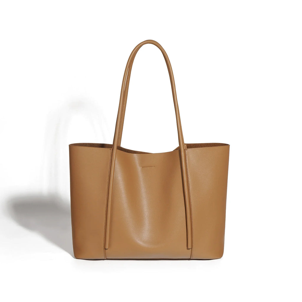 Camel Smooth Leather Large Tote with Slim Rolled Handles and No Hardware