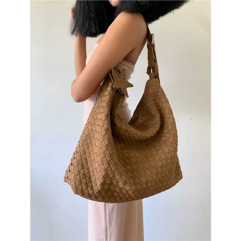 Caramel Woven Leather Large Hobo Shoulder Bag with Star Charm