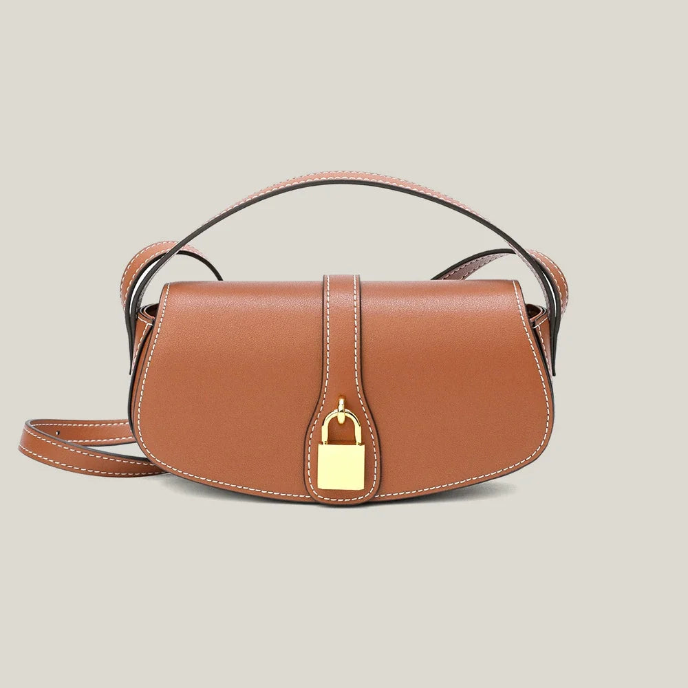 Tan Leather Mini Saddle Bag with Gold Padlock Clasp and Contrast Stitching