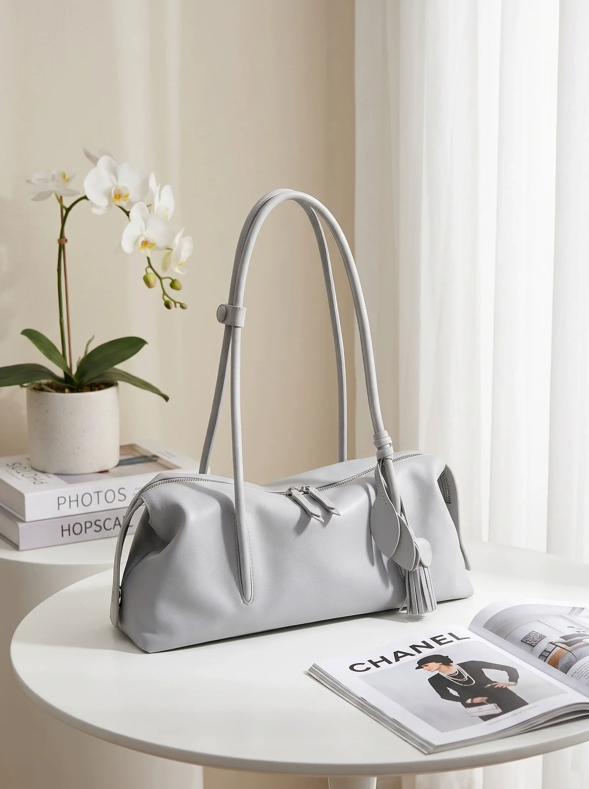 Dove Grey Soft Leather Pillow Shoulder Bag with Tassel Charm
