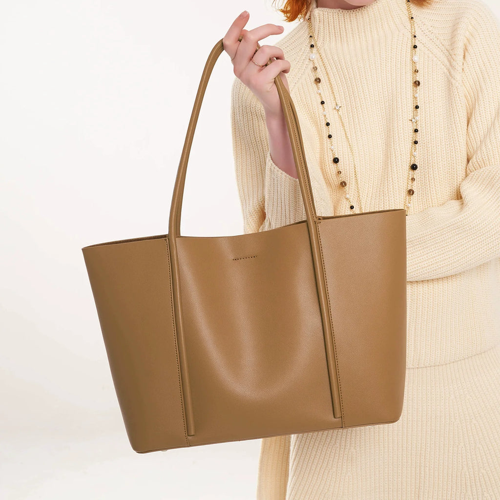 Camel Smooth Leather Large Tote with Slim Rolled Handles and No Hardware