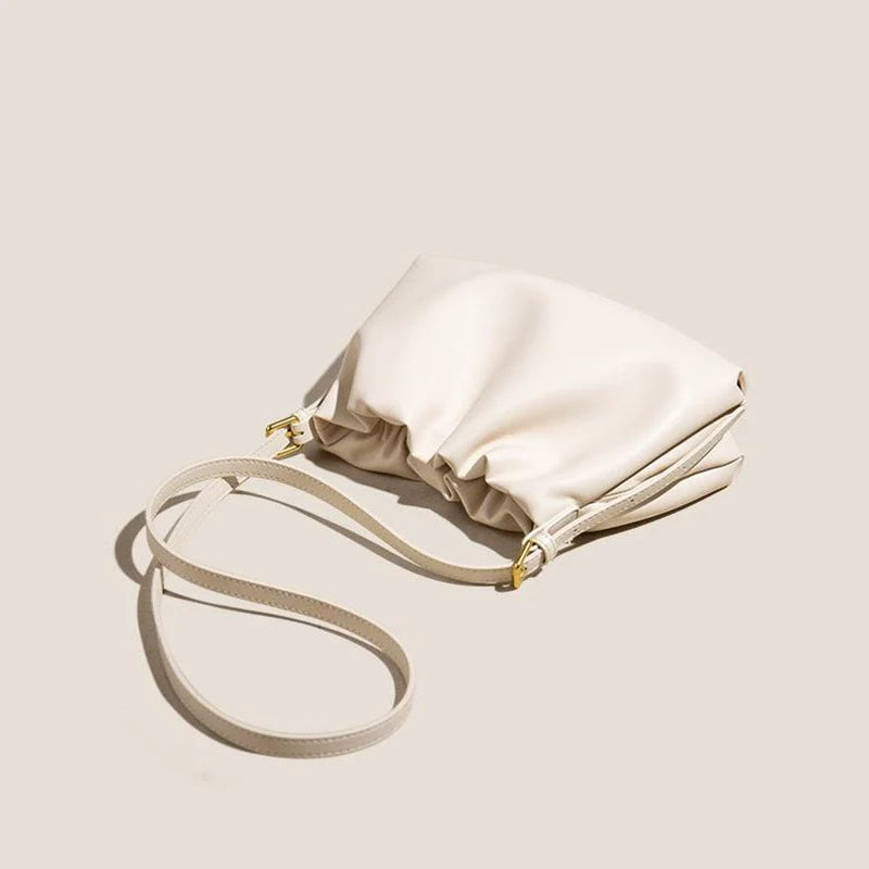 Ivory Ruched Cloud Shoulder Bag with Gold D-Ring Handle