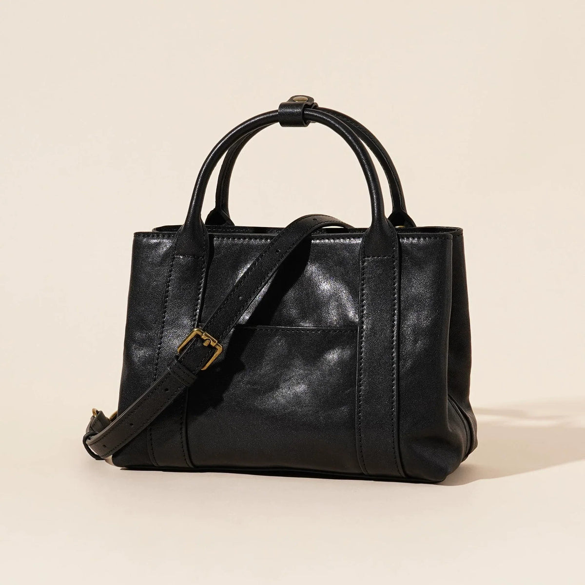 Black Waxed Leather Mini Structured Tote with Crossbody Strap