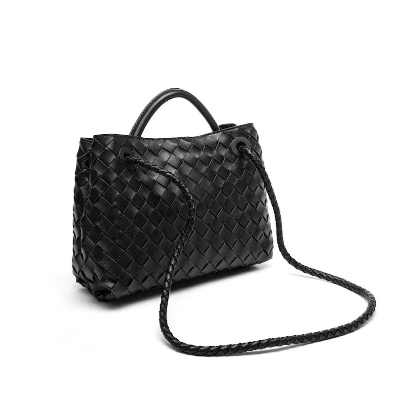Woven Leather Mini Top Handle Bag with Gold Infinity Knot Clasp