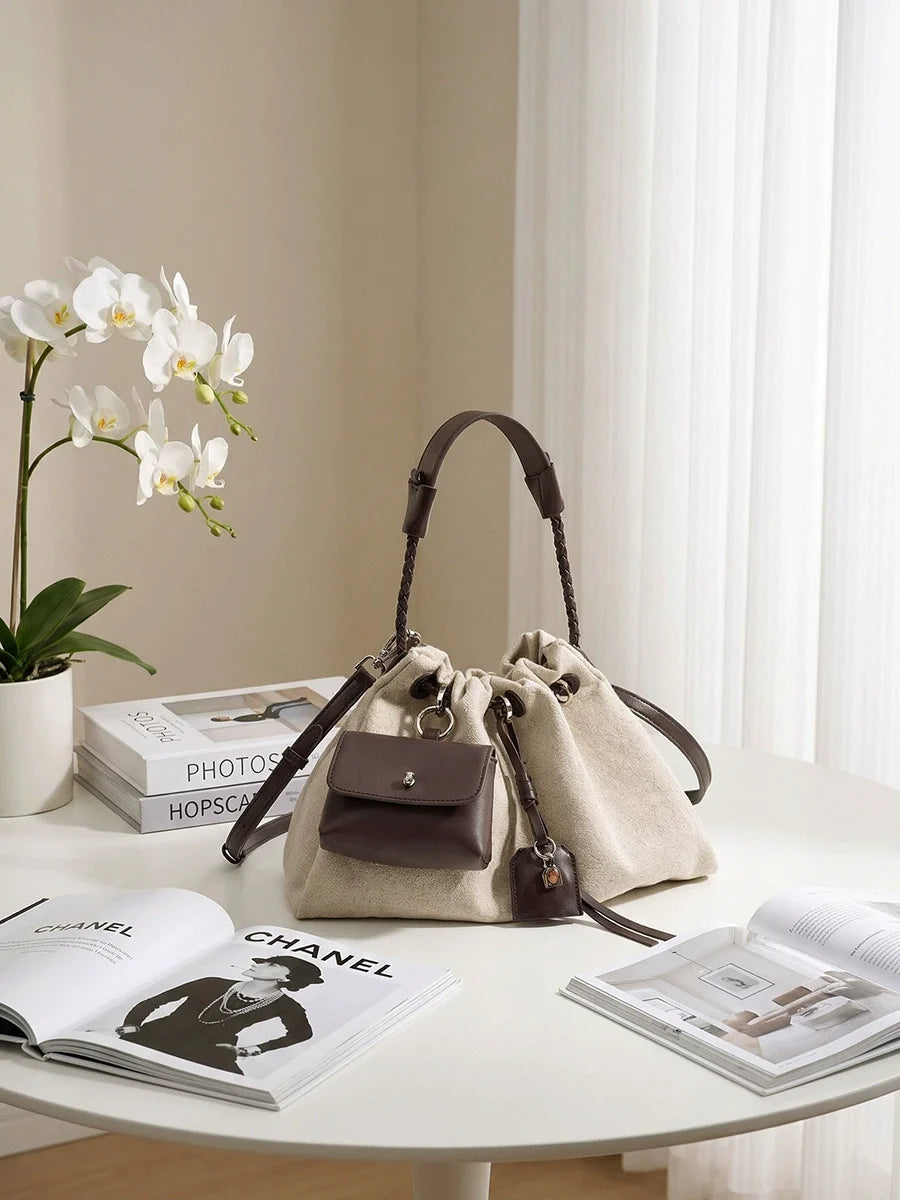 Cream Canvas Drawstring Bucket Bag with Detachable Mini Pouch