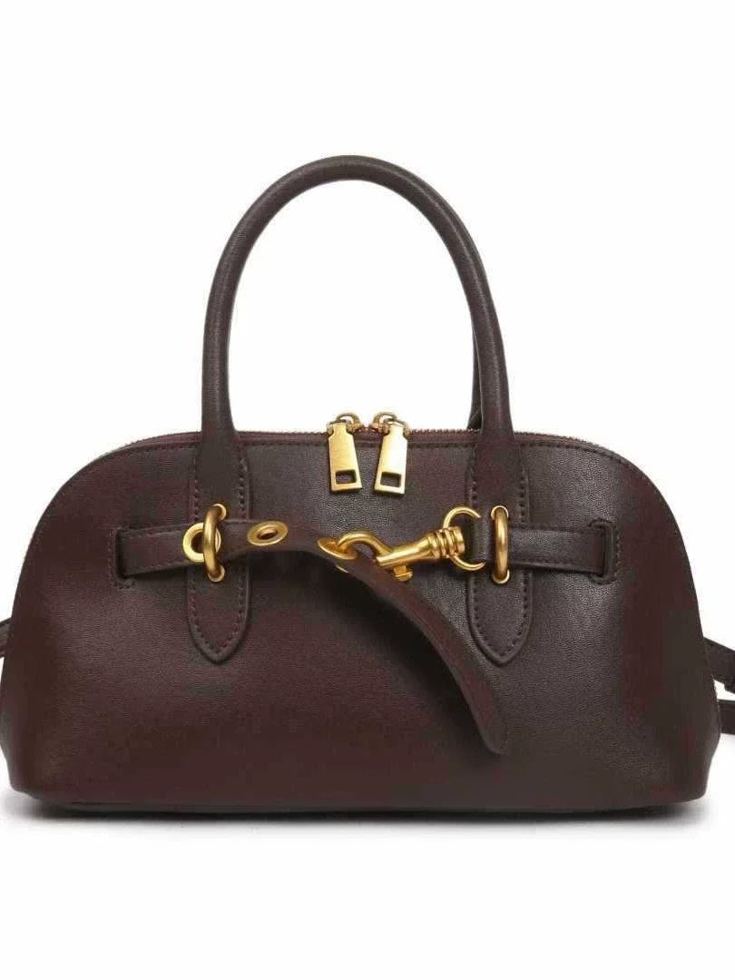 Dark Chocolate Pebbled Leather Mini Bowling Bag with Equestrian Hook