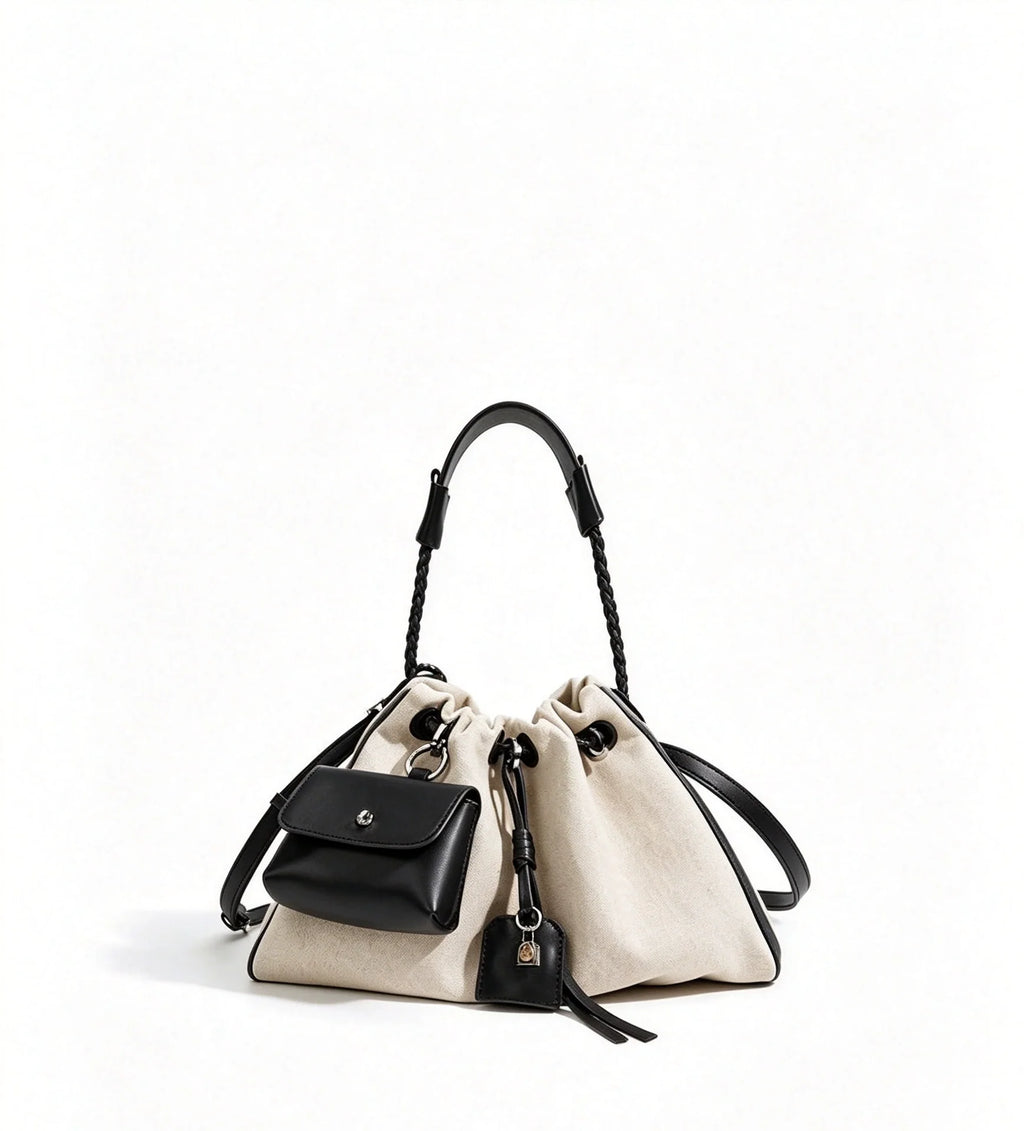 Cream Canvas Drawstring Bucket Bag with Detachable Mini Pouch