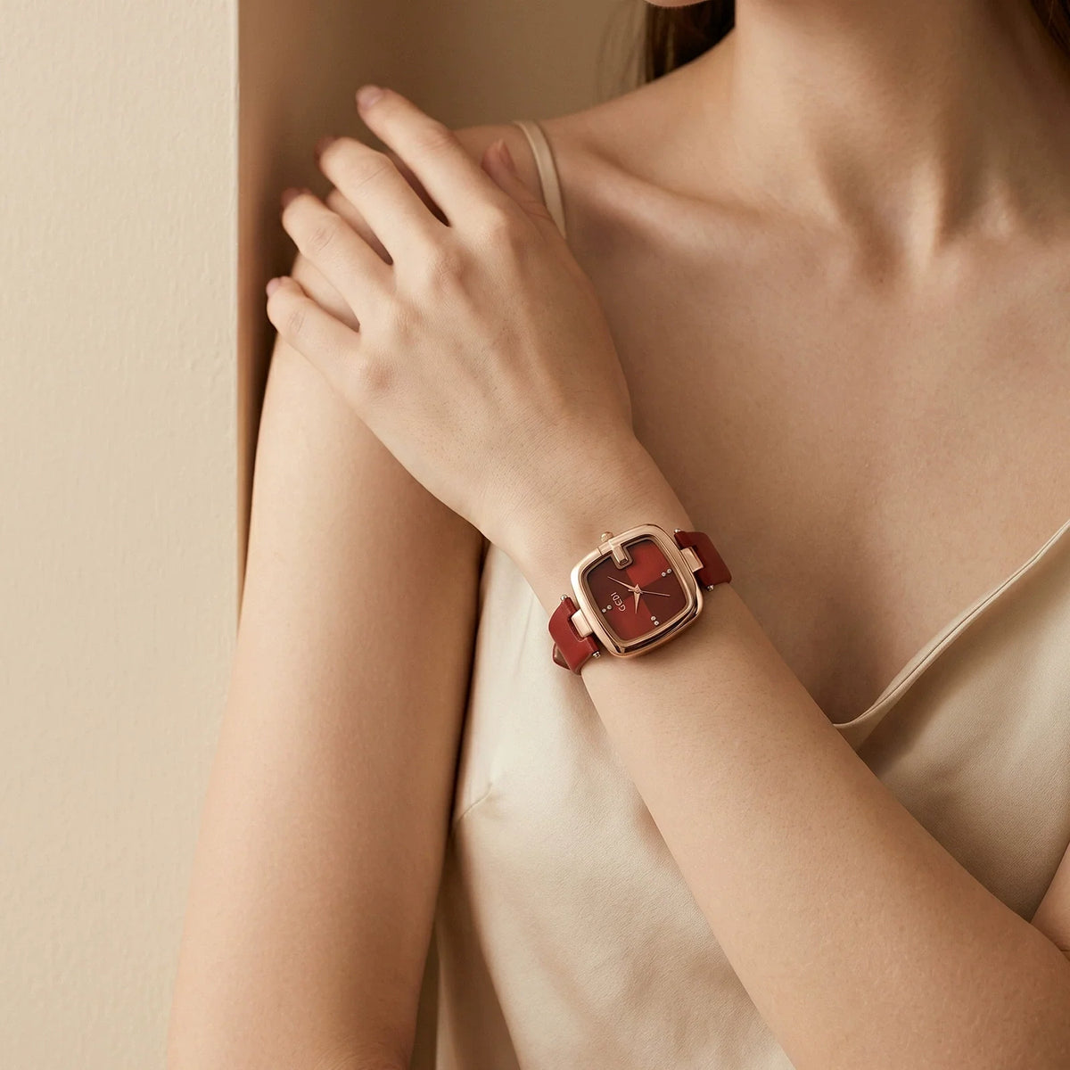 GEDI Women's Square Watch 36mm | Rose Gold Cushion Case & Deep Red Geometric Dial