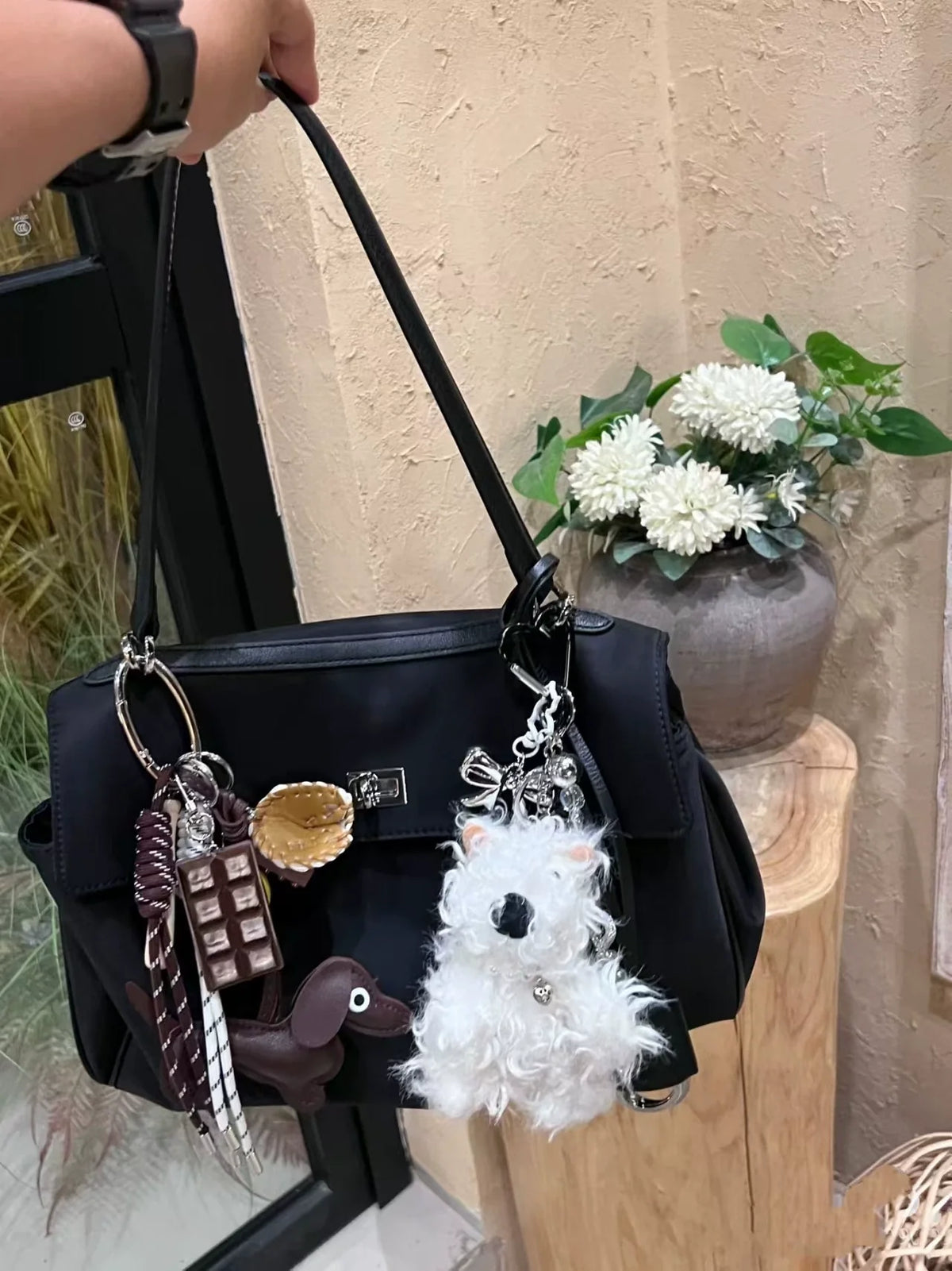 Black Nylon Large Top Handle Tote with Silver Turn-Lock Clasp
