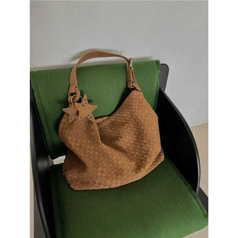 Caramel Woven Leather Large Hobo Shoulder Bag with Star Charm