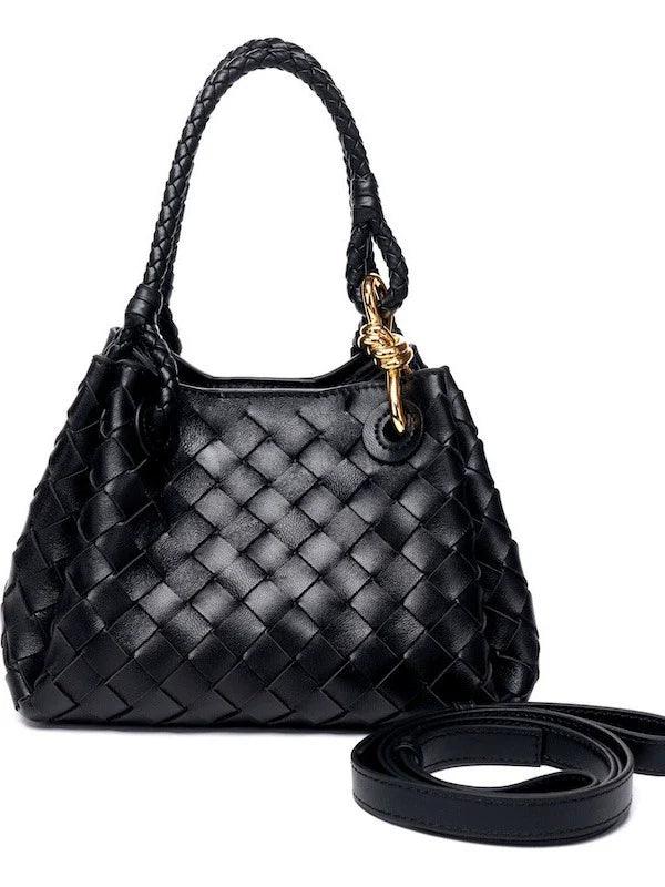 Black Woven Leather Mini Tote with Braided Rope Handles and Gold Hook
