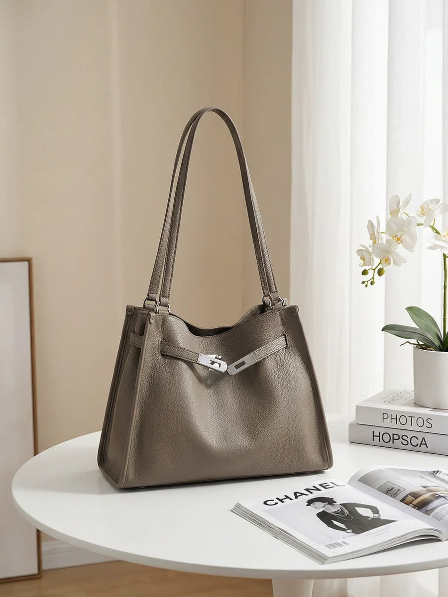 Etoupe Pebbled Leather Hobo Shoulder Bag with Front Push-Lock