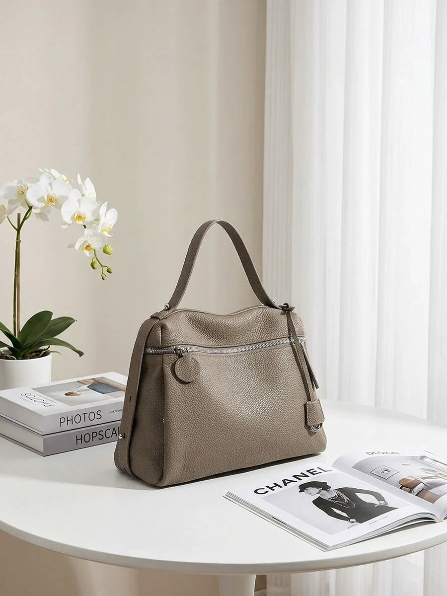 Etoupe Pebbled Leather Demi-Lune Shoulder Bag with Front Zip Pocket