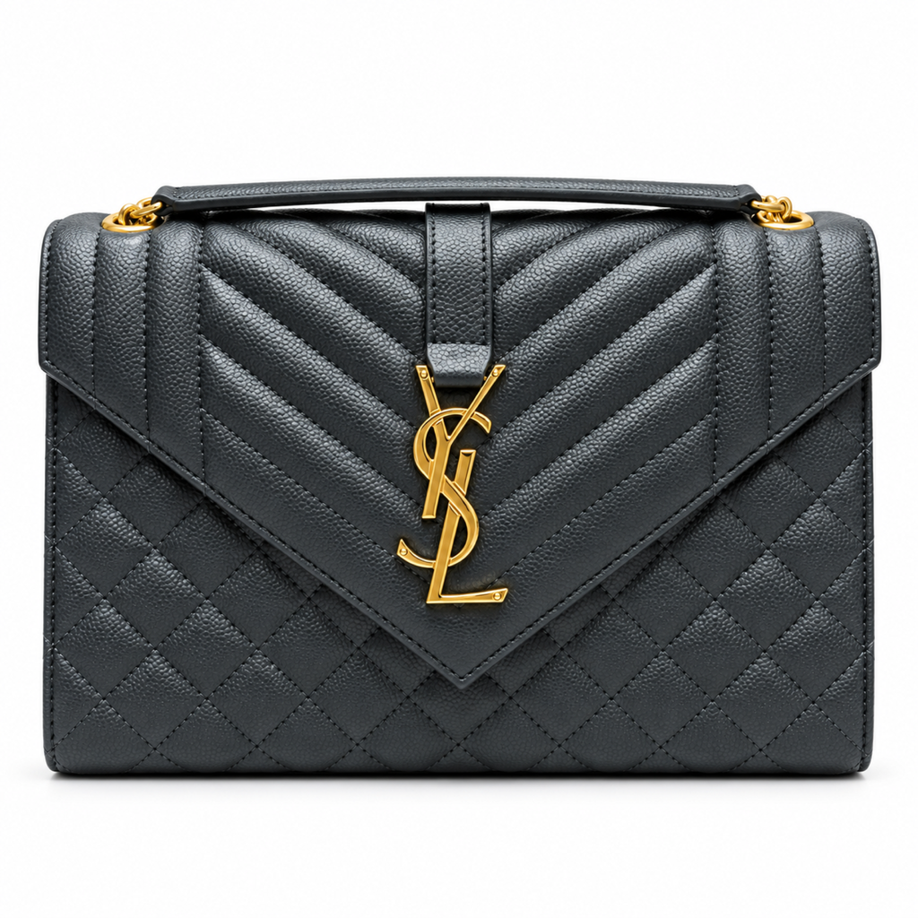 YSL College Quilted Caviar Leather Shoulder Bag Dark Gray